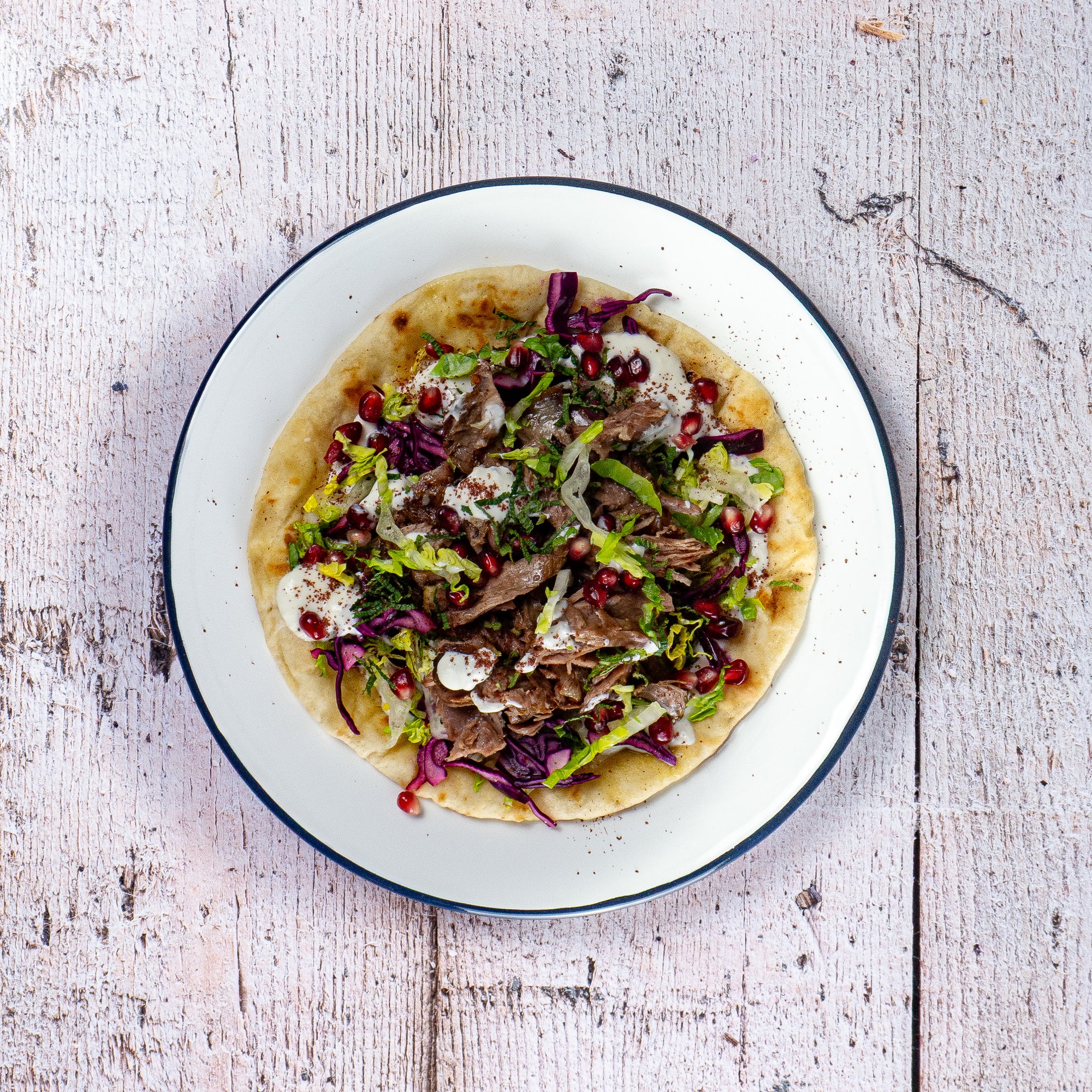 Persian-Style Slow-Cooked Lamb Flatbreads with Garlic Yogurt & Pickled Red Cabbage