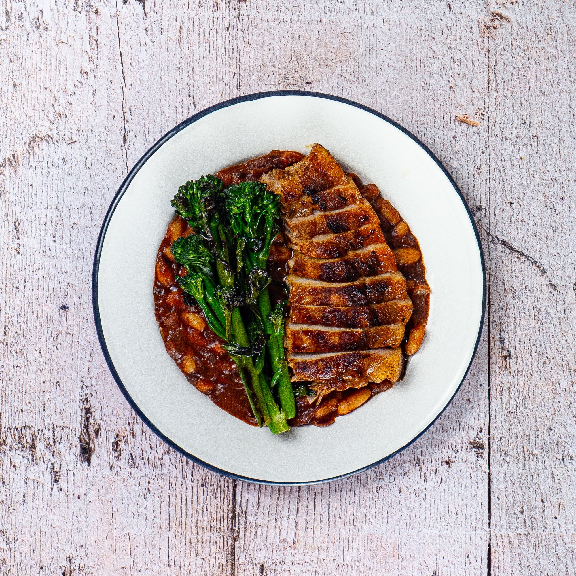 BBQ Pork Chop with Camp-Stove Beans & Tenderstem
