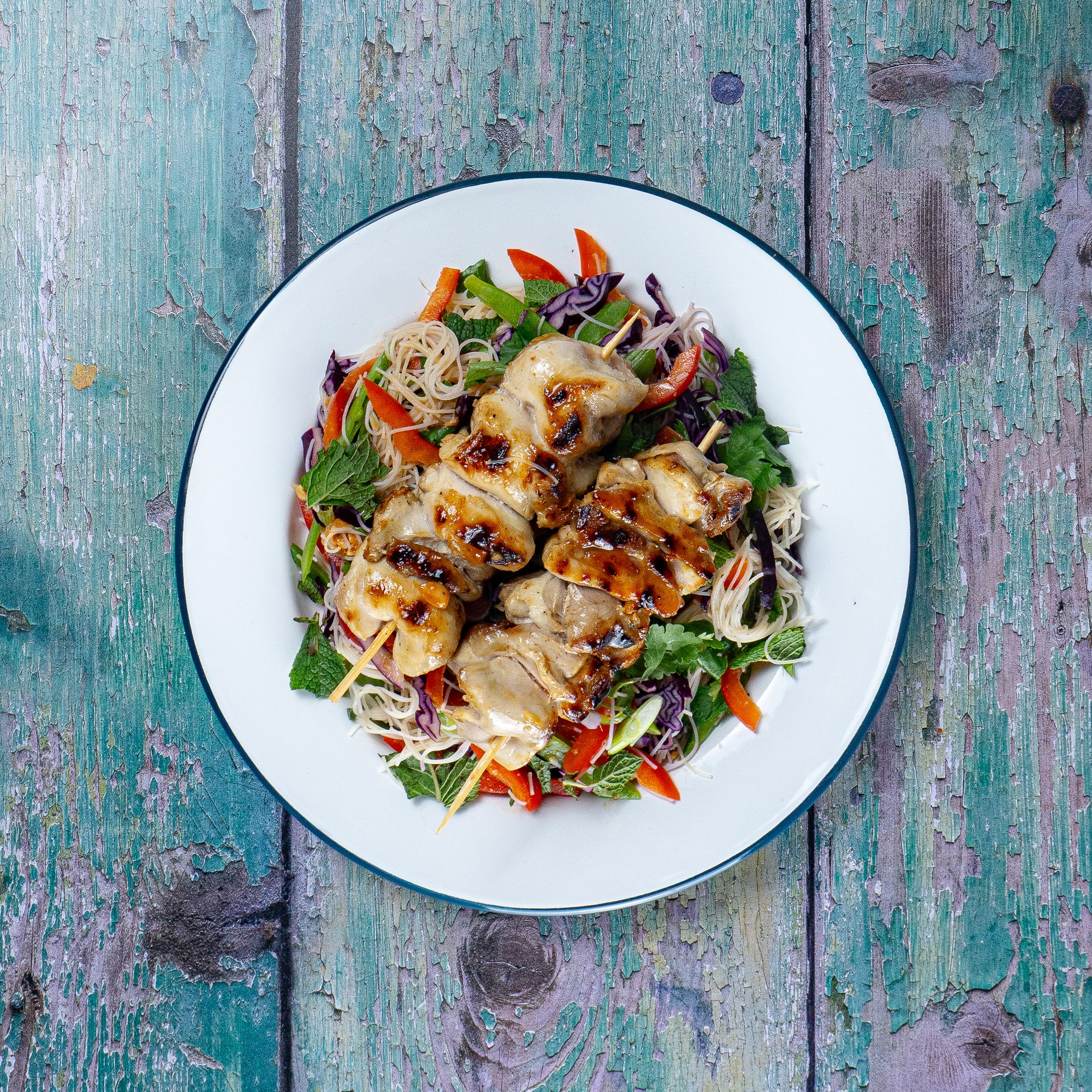 BBQ Chicken Skewers with a Thai-Inspired Peanut Glass Noodle Salad