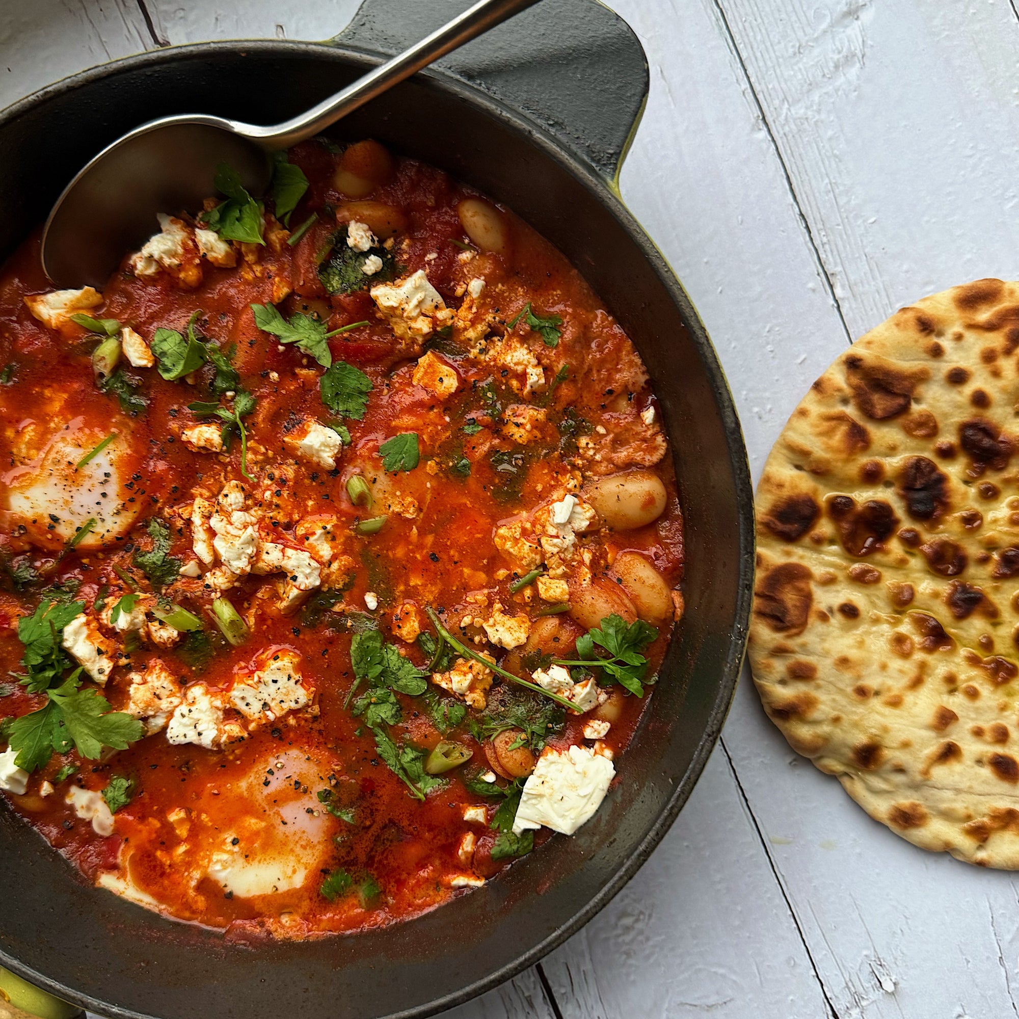 Shakshuka with Butterbeans, Feta & Garlic Flatbread